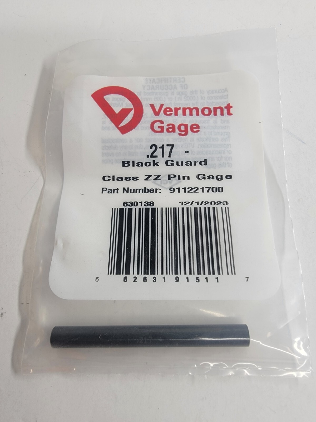 Vermont Gage - 911221700 - .217" Minus - Black Guard - Class ZZ Pin Gage