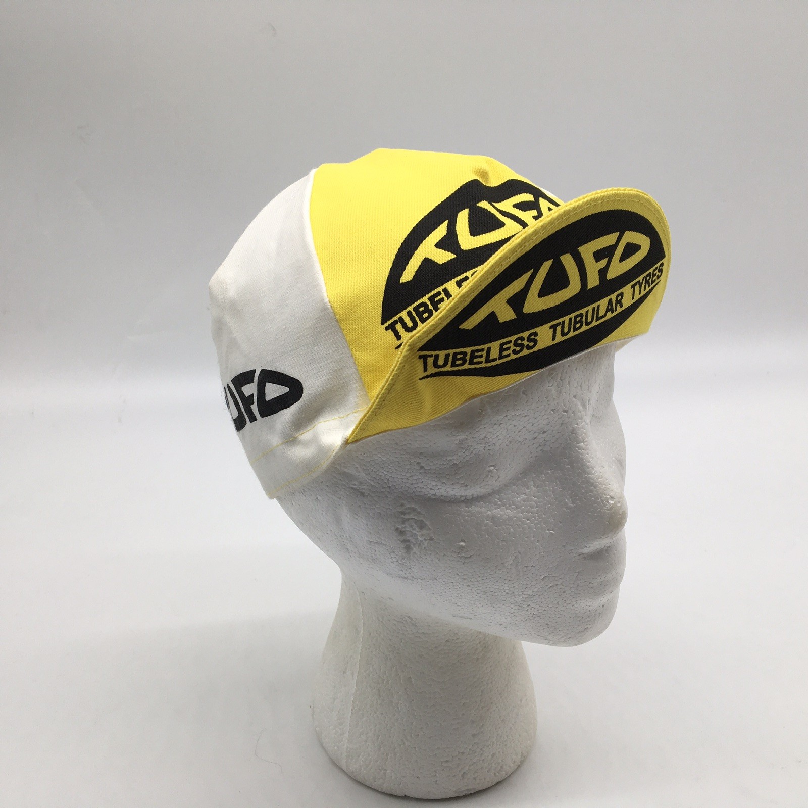 Vtg TUFO Tubeless Tubular Tyres Cycling Cap Hat Fits Under Helmet Yellow White