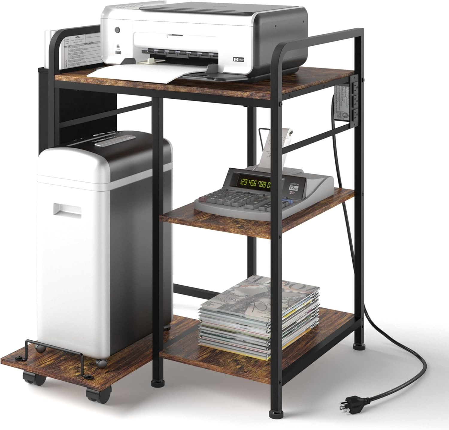 Rustic Brown Home Printer Stand with Charging Station & Storage for Office