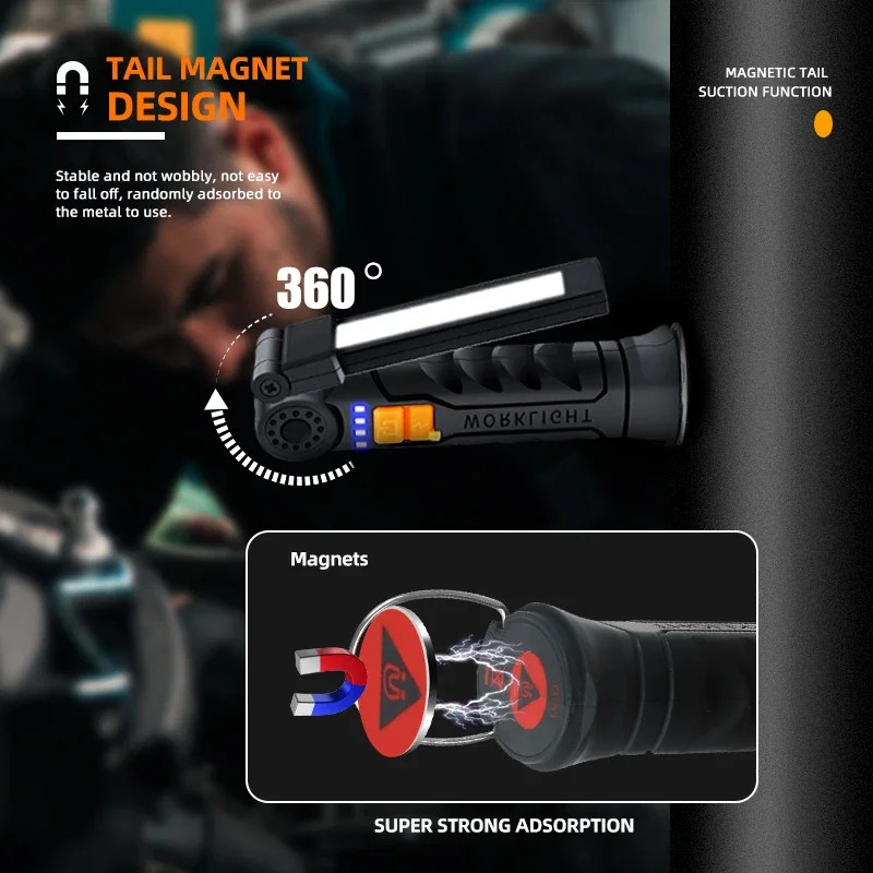 COB LED Work Light USB Rechargeable Magnetic Flashlight Hanging Lamp