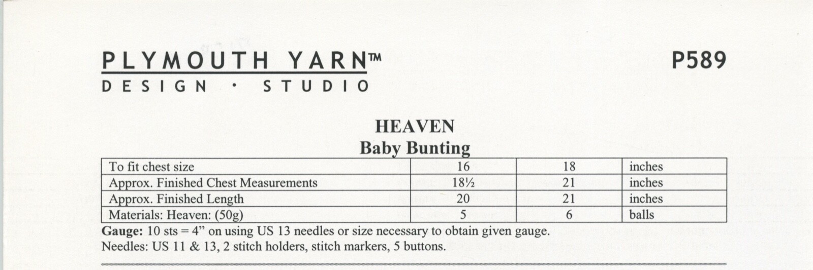 Plymouth Knitting Pattern P589 Baby Bunting