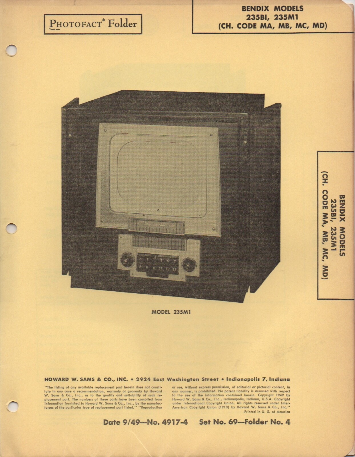 1949 BENDIX 235B1 TELEVISION SERVICE MANUAL SCHEMATIC photofact MA MB MC MD fix