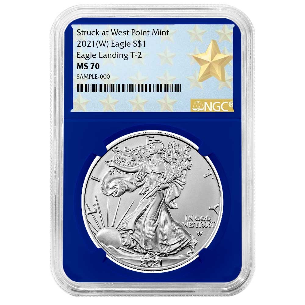 2021 (W) $1 Type 2 American Silver Eagle NGC MS70 West Point Star Label Blue