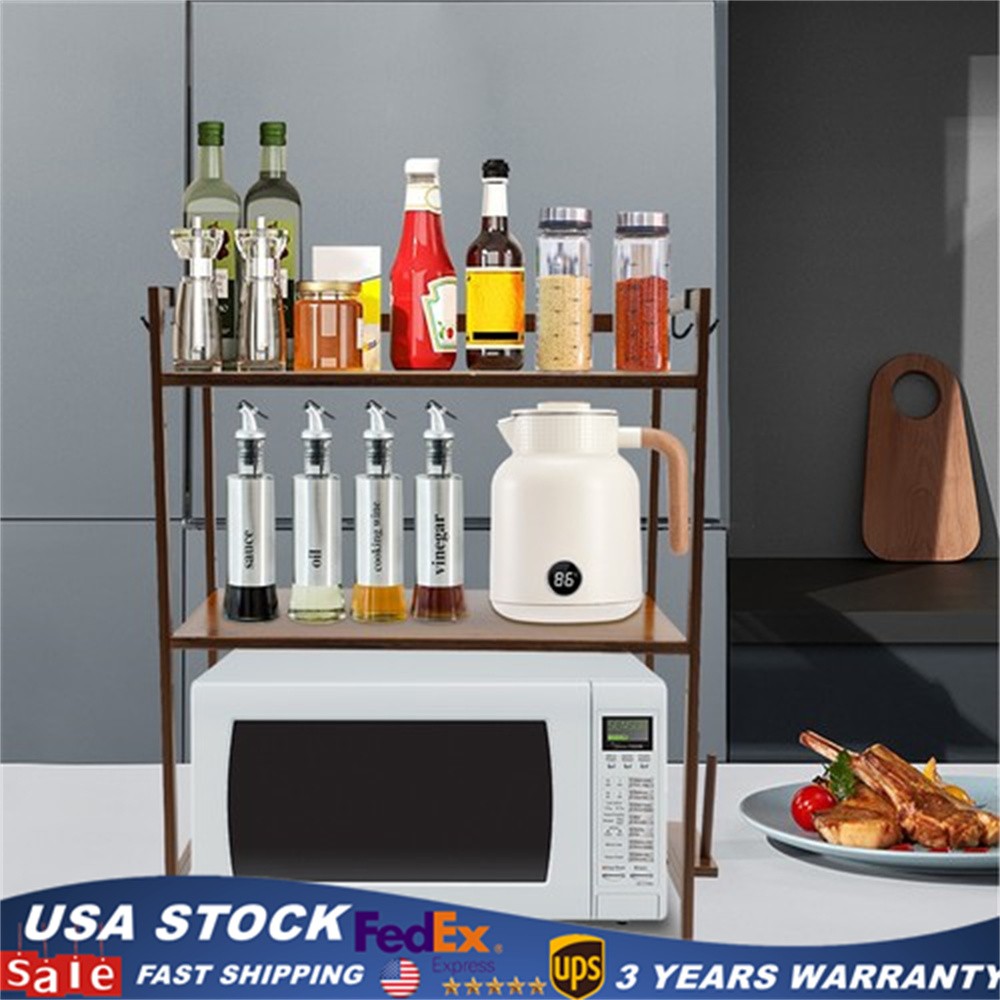 2-Tier Kitchen Storage Rack Microwave Stand With 4 Hooks Bamboo Organiser Shelf