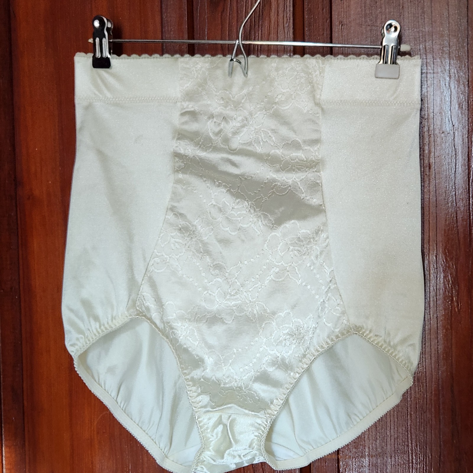 Vintage High Waisted Shaping Brief XXL Floral Satin Panel Ivory Shapewear