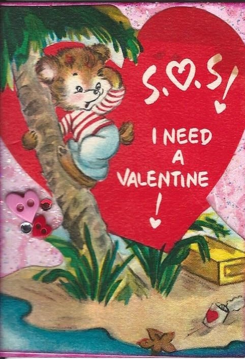 ACEO ATC Art Card Collage Original Bear Palm Tree Heart Vintage Valentine Day