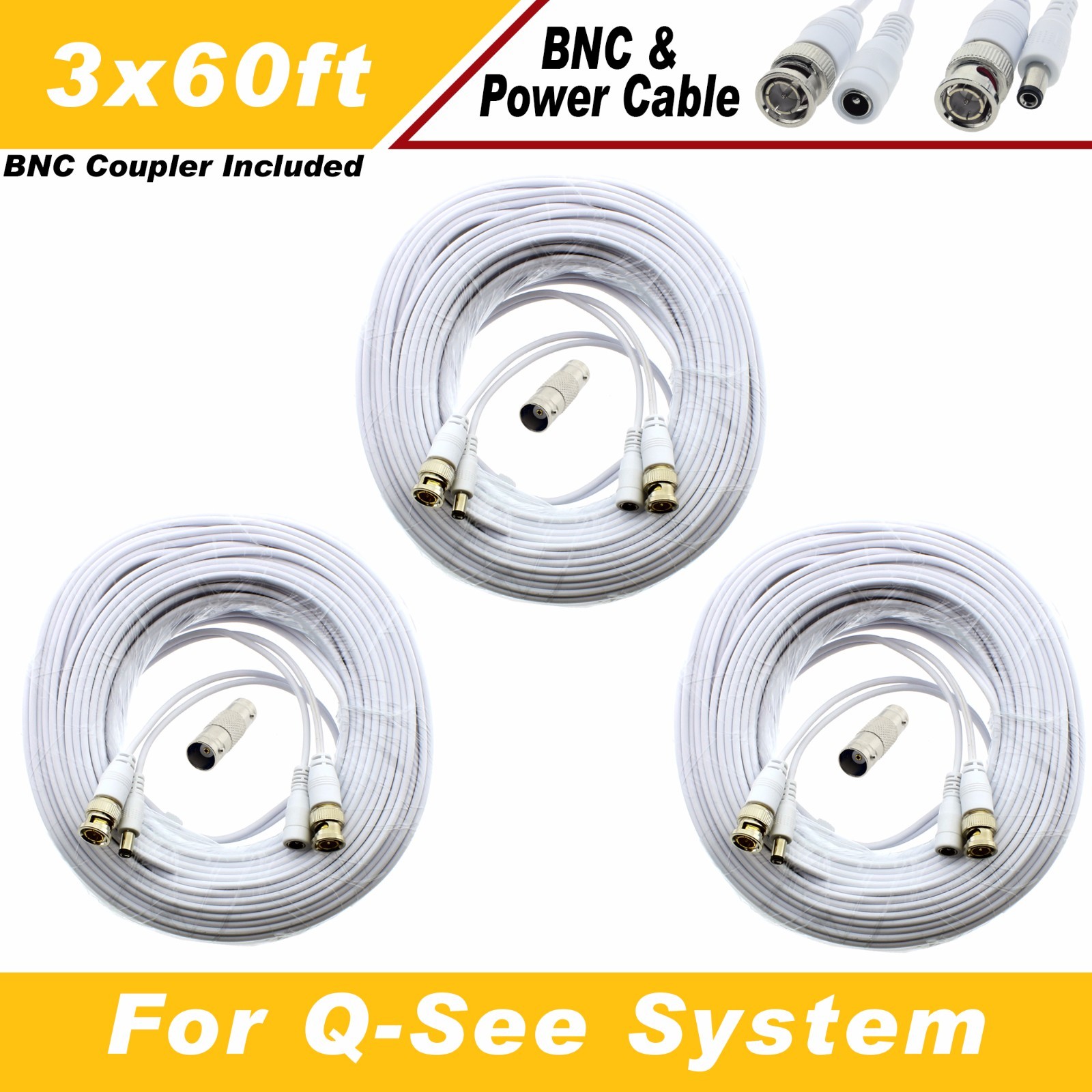 WHITE PREMIUM 180FT CCTV BNC CABLES FOR 8 CH Q-SEE QT-5140, 578, 5516, 5032
