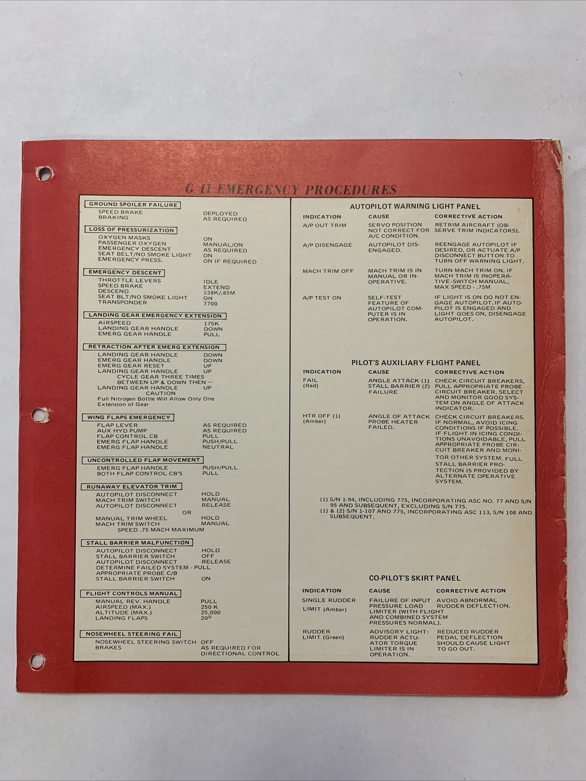 Grumman Gulfstream II Emergency Procedure Checklist & Checklist