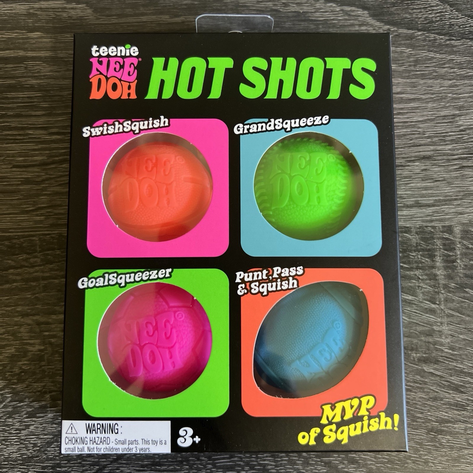 Needoh Teenie Hot Shots 4-Pack Nee Doh Set of 4 - Swish Grand Goal Punt BALLS!