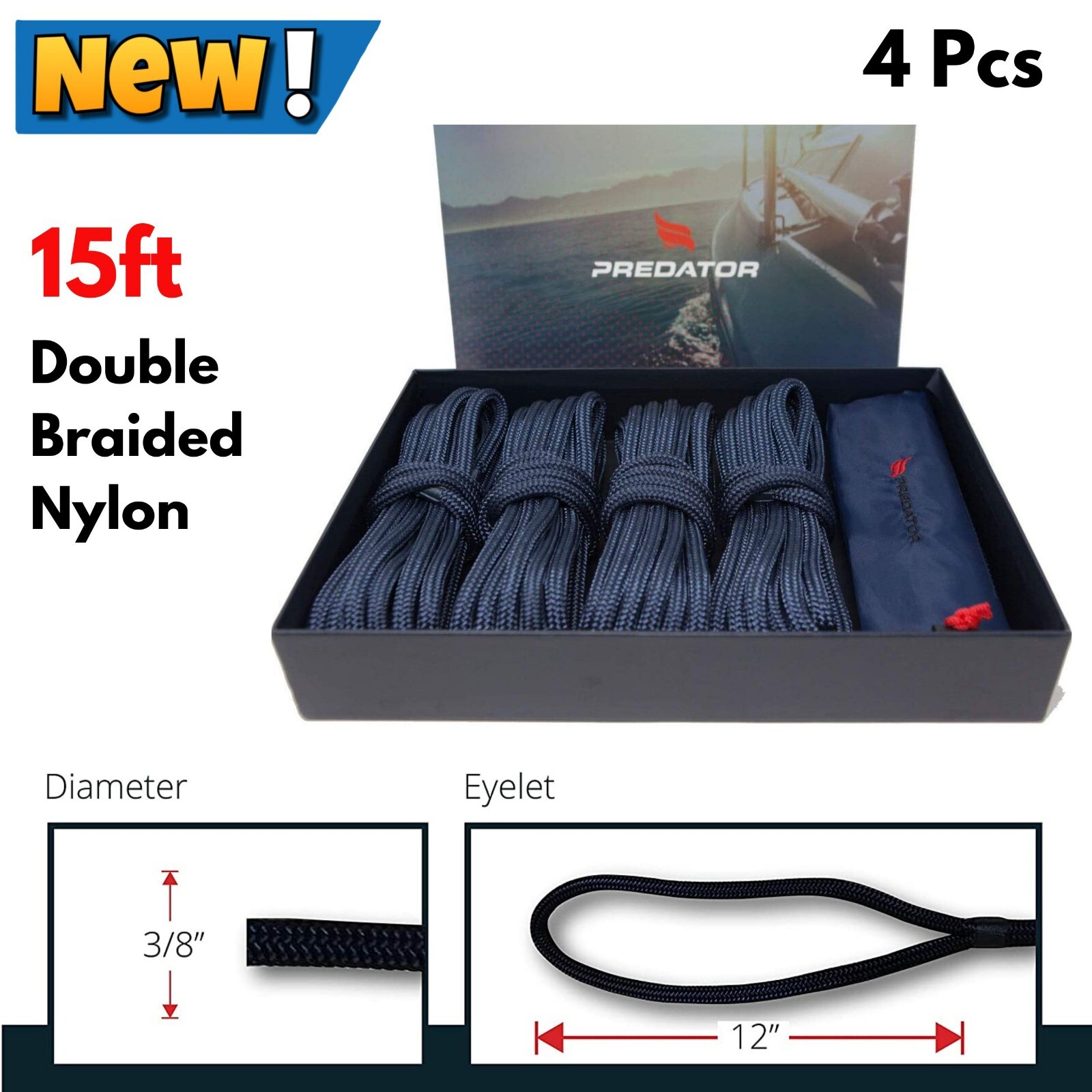 4pcs 3/8"x15' Double Braided Nylon Dock Lines 12" Eyelet for Secure Boat Pontoon