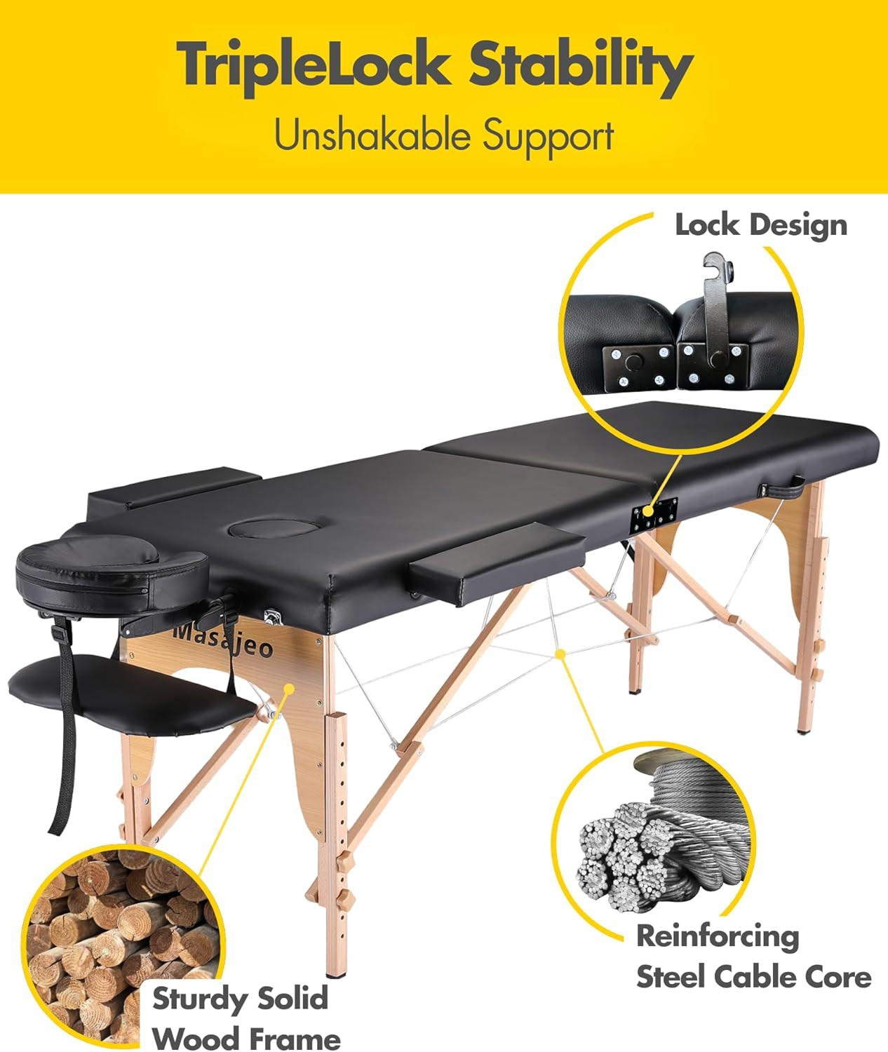 Professional Massage Table Portable Massage Bed, Black(2-Section) | Adjustable H
