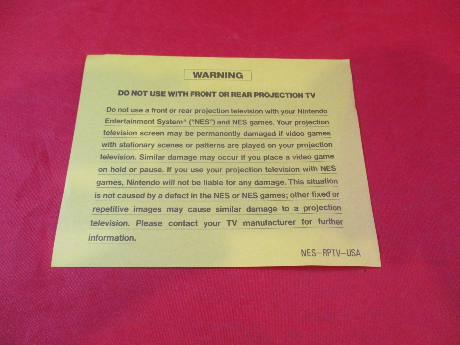 Warning Do Not Use With Projection TV Nintendo NES Console System Yellow Insert