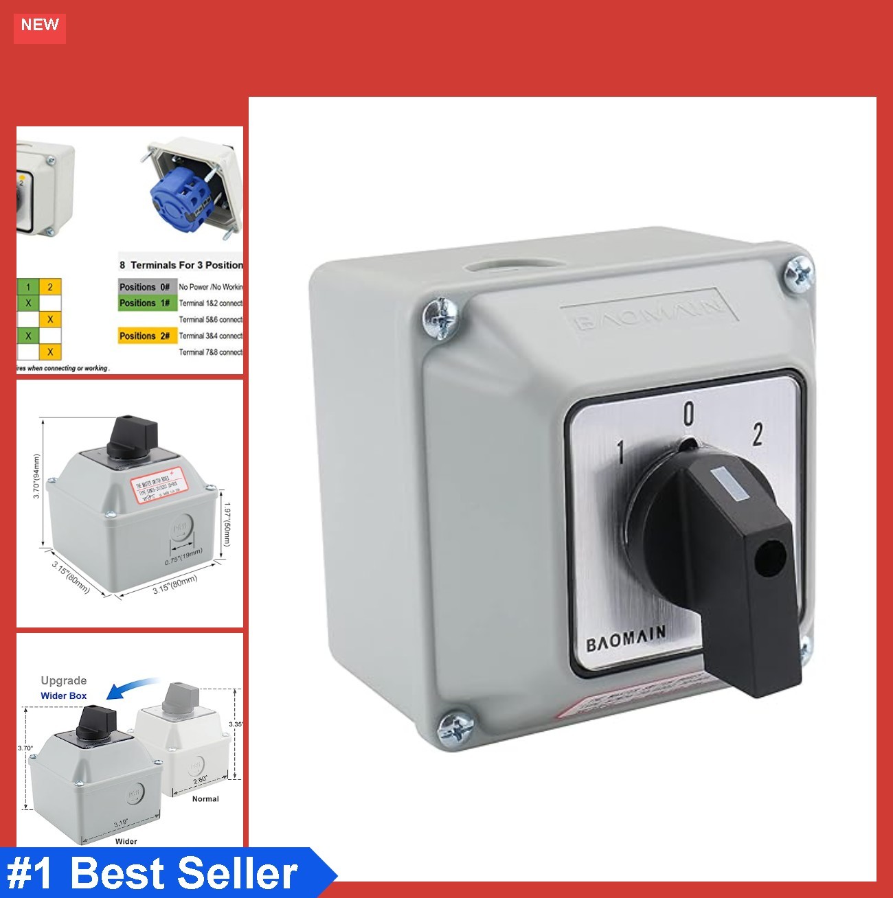 Rotary Changeover Switch 660V 20A 3 Position 2 Phase ON-OFF-ON with Wider Box