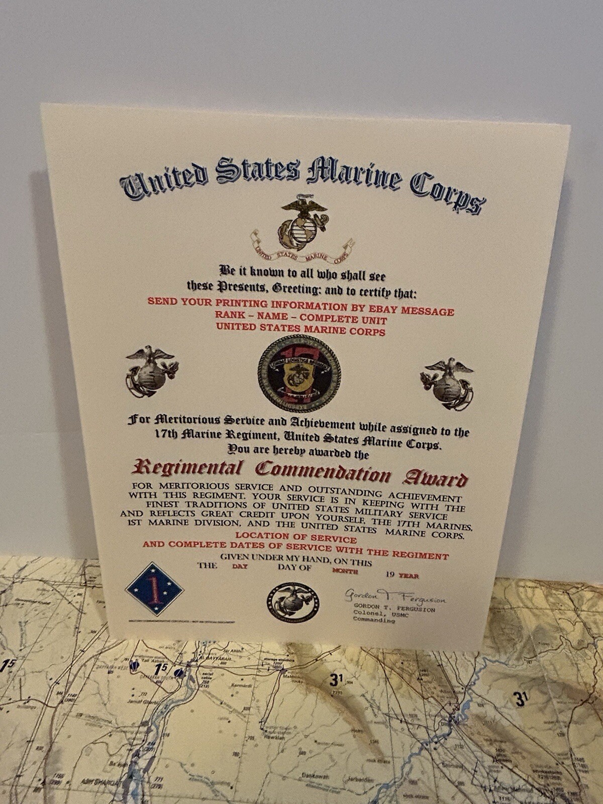 U.S.M.C. / 17TH MARINE REGIMENT - REGIMENTAL COMMENDATION AWARD CERTIFICATE