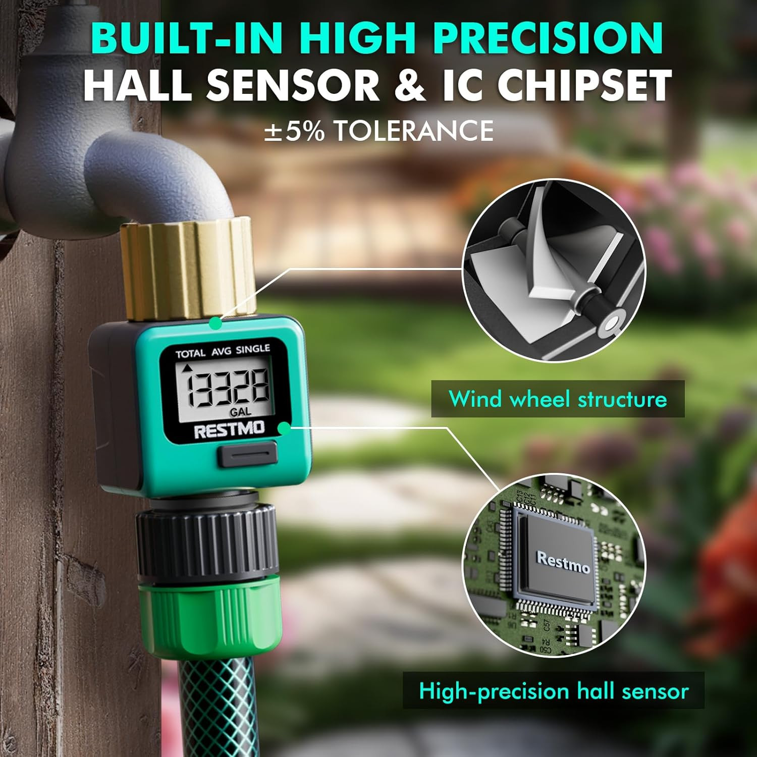 Water Flow Meter with Brass Inlet Metal Thread, Measure Gallon/Liter Consumpt...