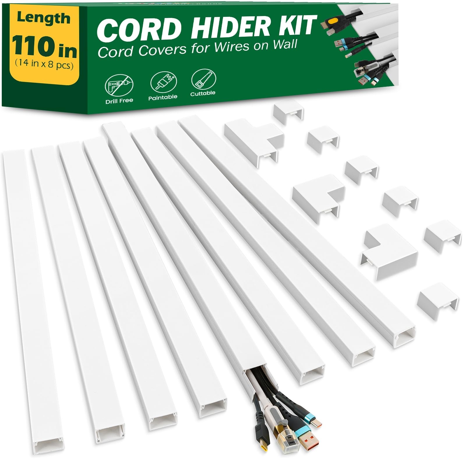 Paintable Cord Hider Kit, 110in Cable Covers for Wires on Wall, SelfAdhesive Or
