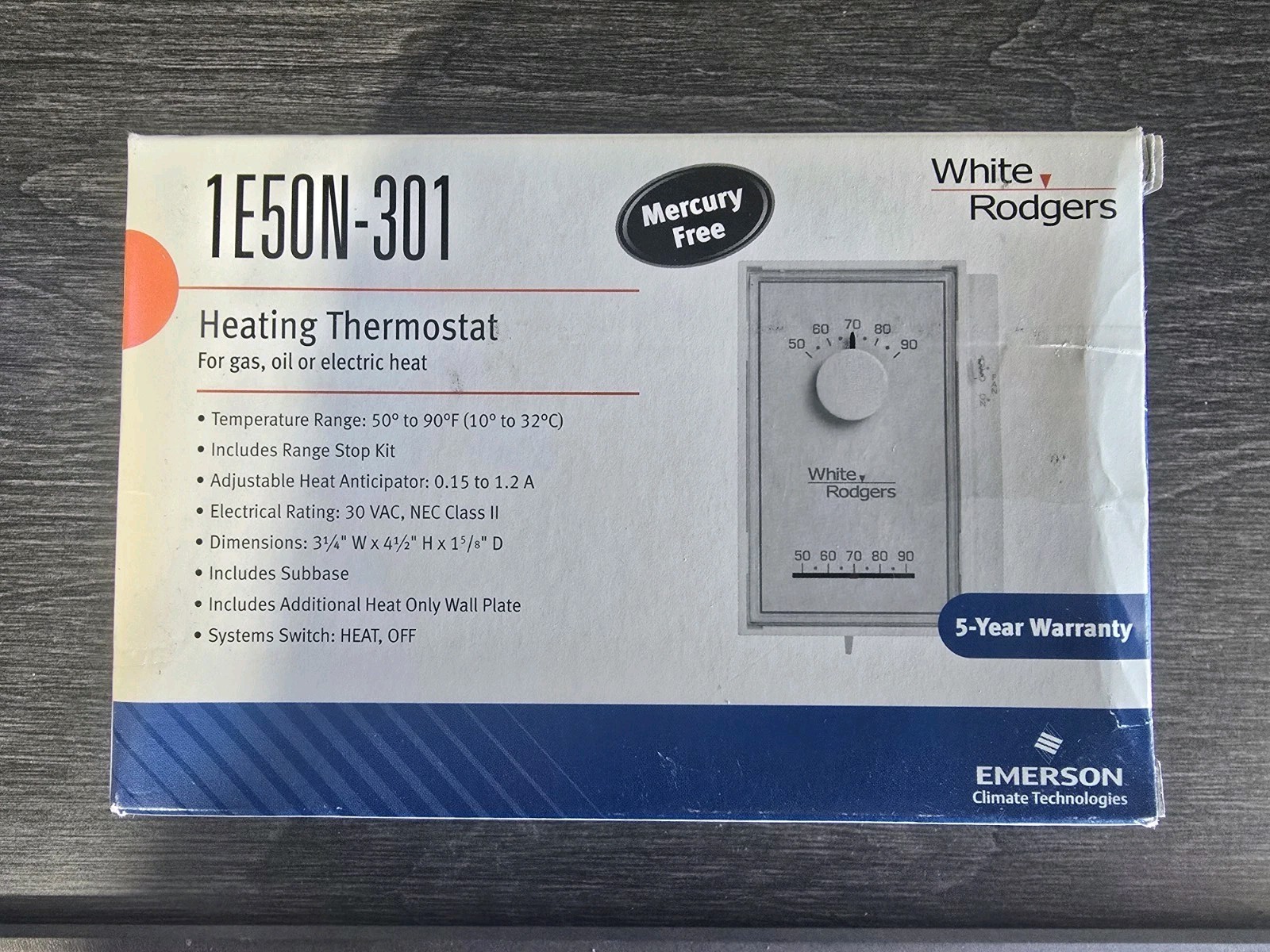 Emerson White Rodgers Thermostat 1E50N-301, Low Voltage Heat Only, Rectangle