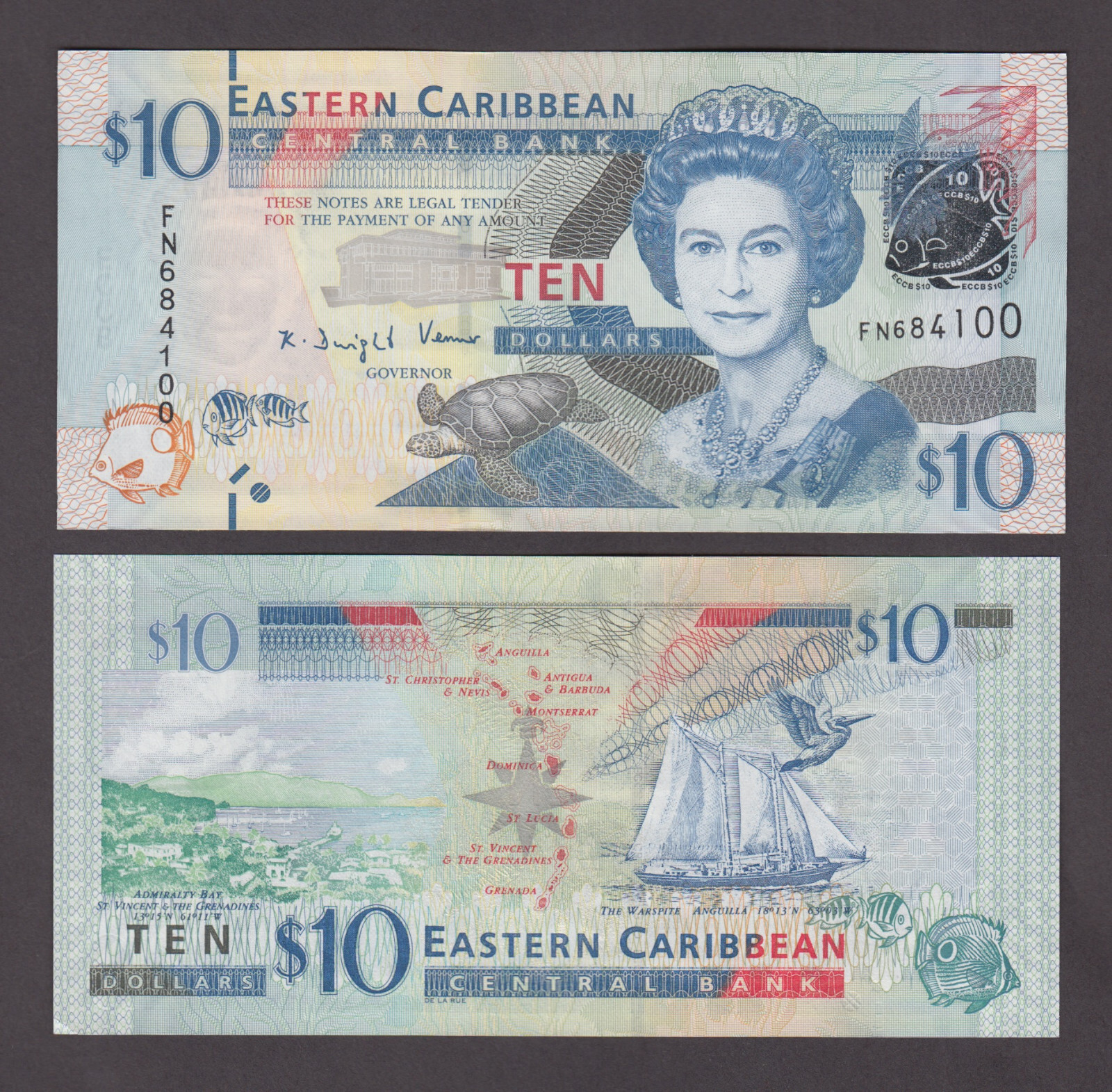 EAST EASTERN CARIBBEAN P.52a  10 DOLLARS QEII  UNCIRCULATED  WE COMBINE 2206
