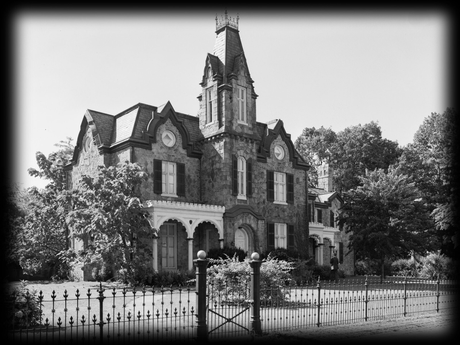 HOUSE PLANS - stone mansion, Tudor-Gothic style, porches, tower, 6+ bedrooms