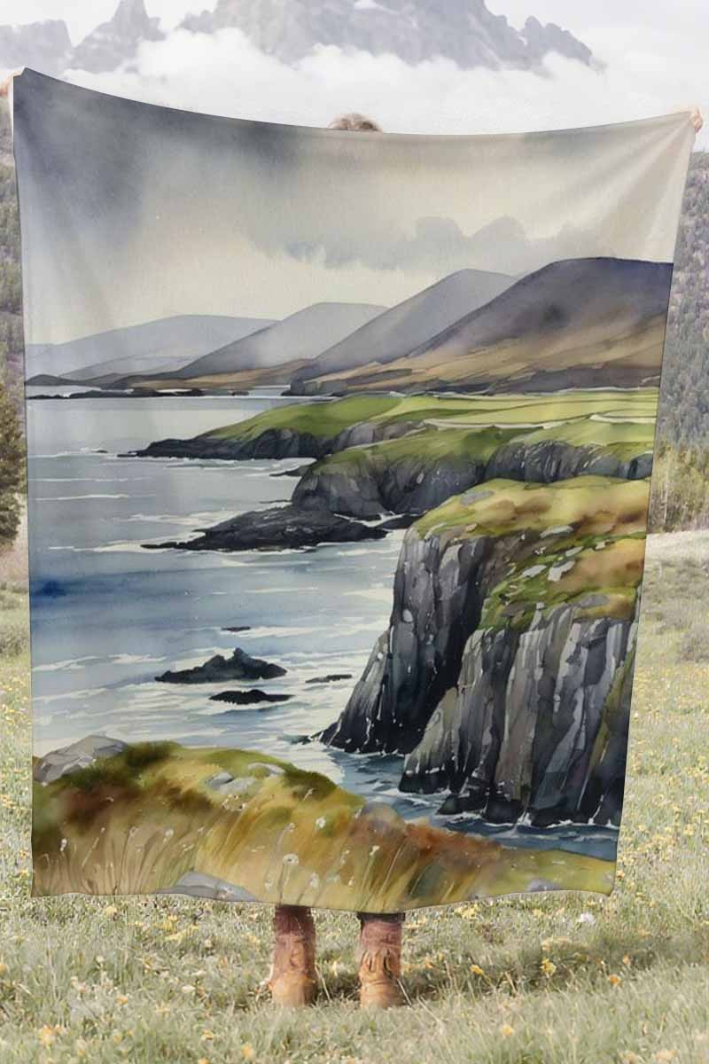 Watercolor Coastal Cliffs Coral Fleece Cozy Throw Blanket Rustic Stunning