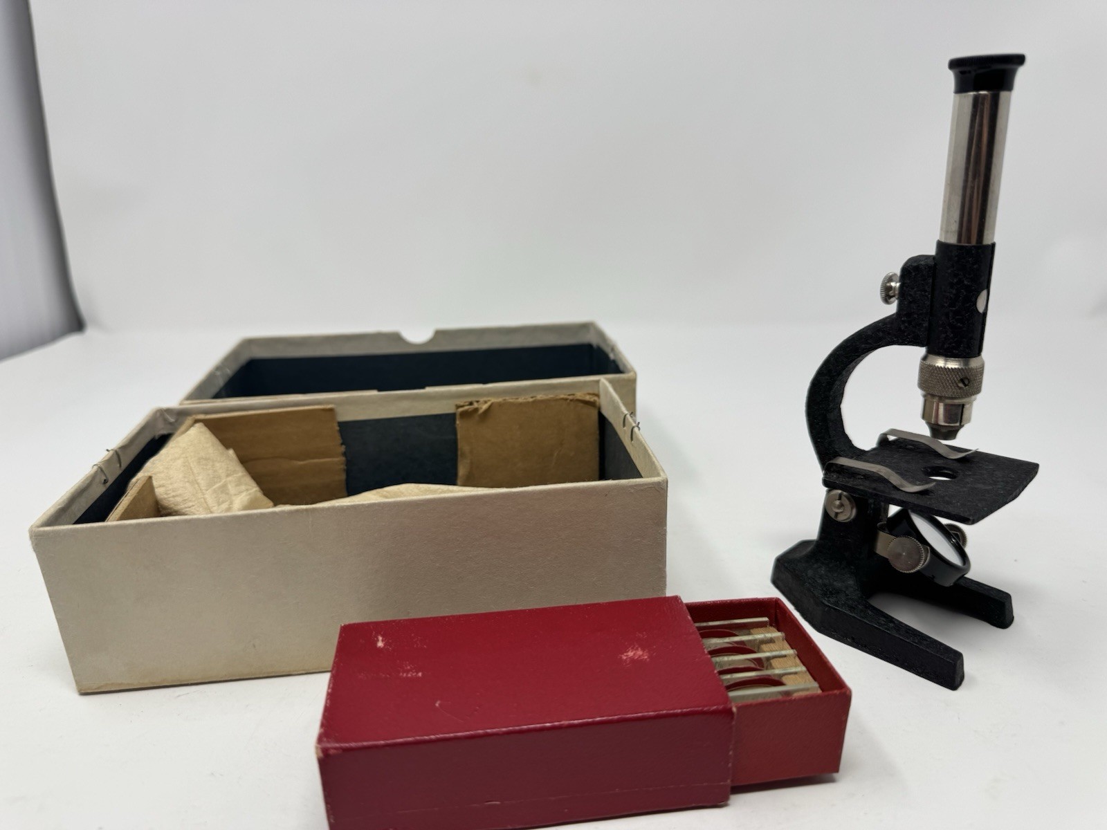 Vintage Student Mini Microscope Reflector W/ Slides And Box