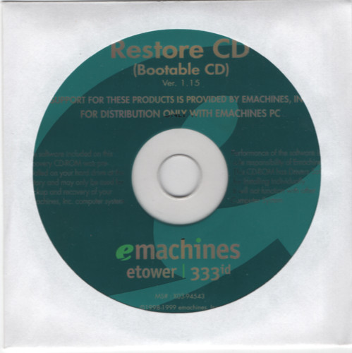 eMachines eTower 333id Drivers/Windows 98 Restore Recovery CD (1999) v1.5