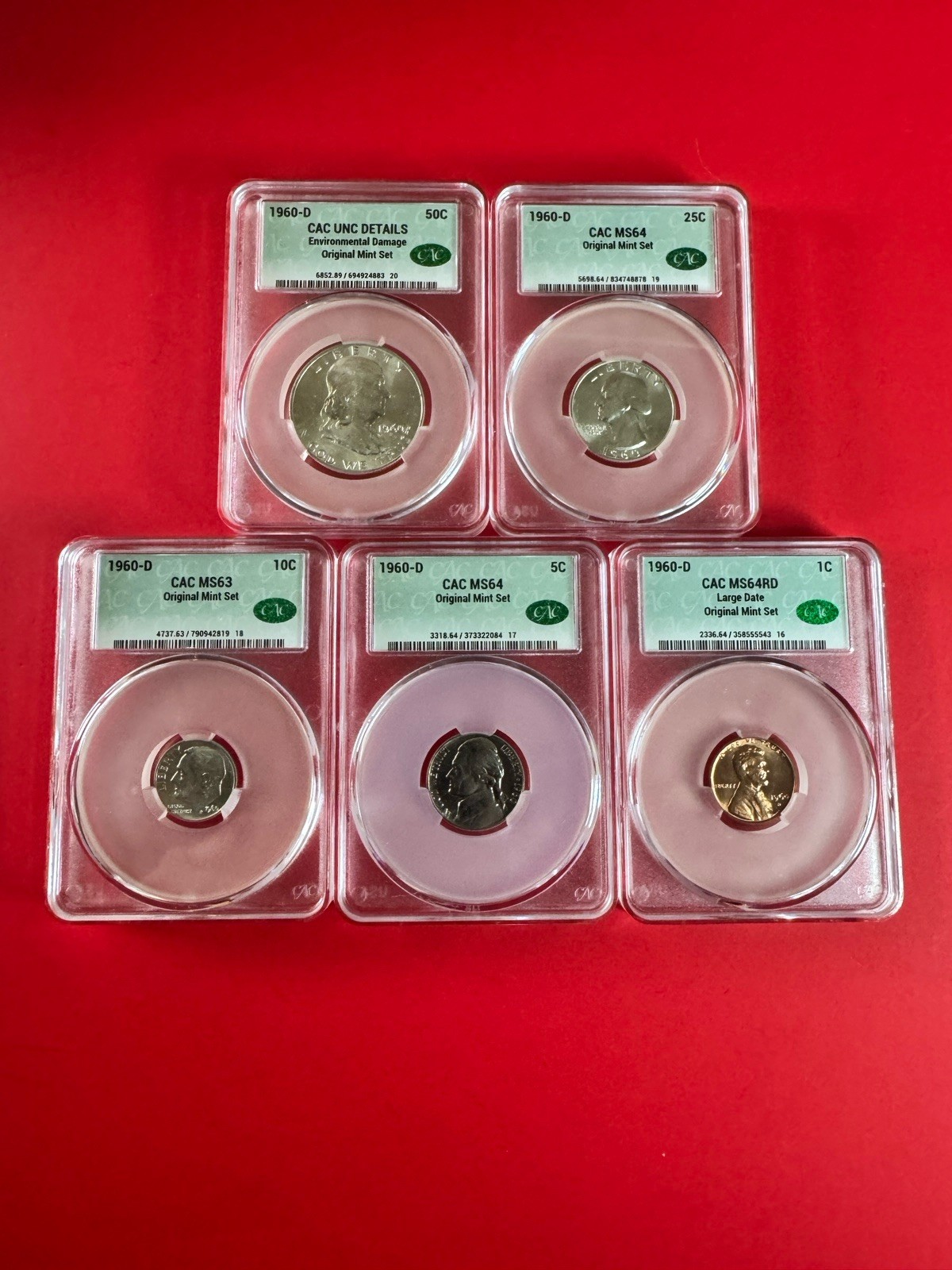 1960-D Original Mint Sets  CAC MS 64 Lot Of 5 Half Quarter Dime Nickel and Penny