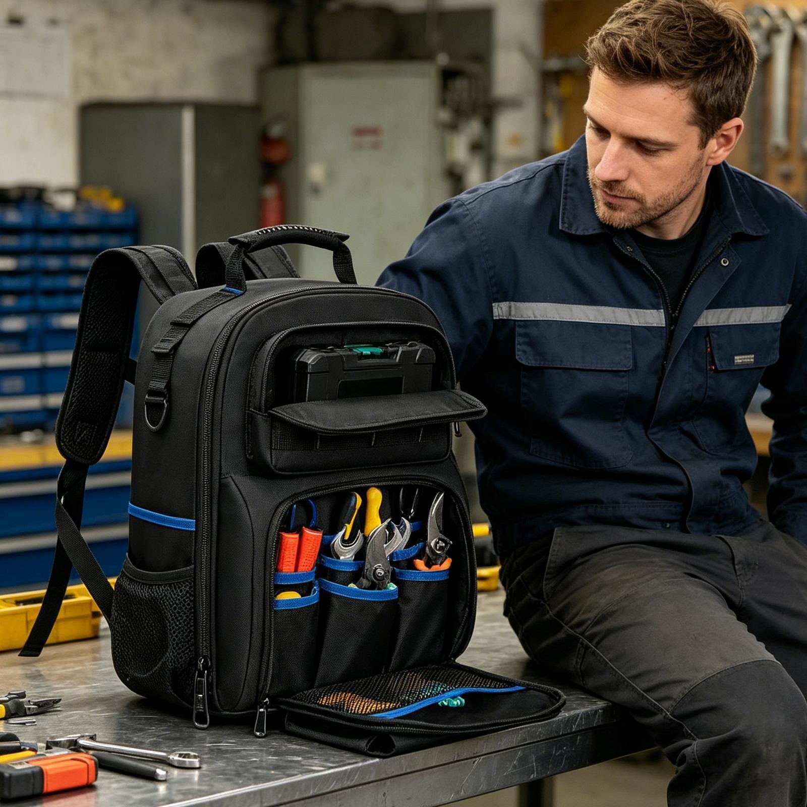 Heavy Duty Tool Backpack for Men – Multi-Pocket Work Bag for Electricians & Tech