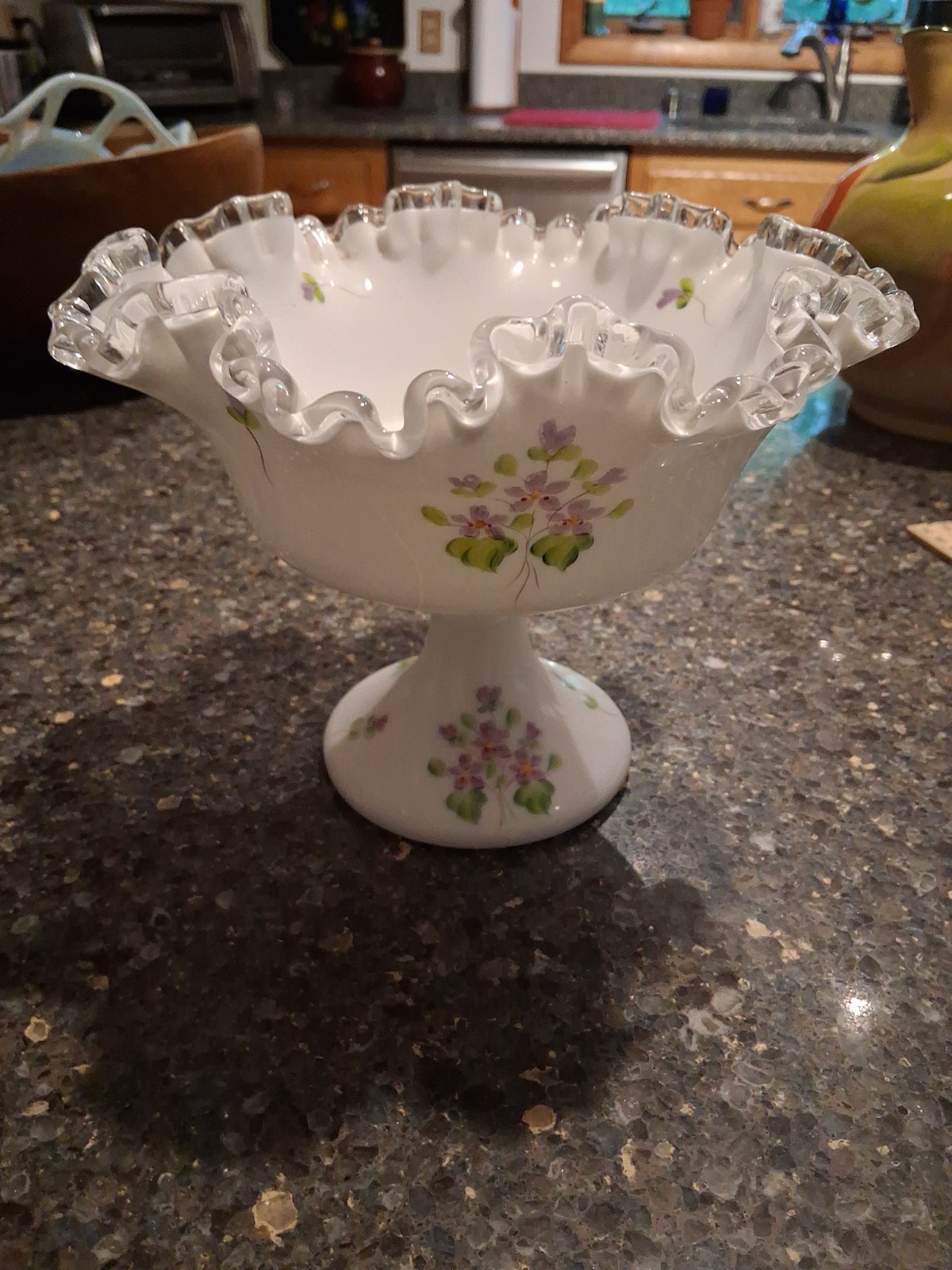 Vtg Fenton Silver Crest Flared Hand Painted Violets Signed Dish 8" Diameter 6.5"