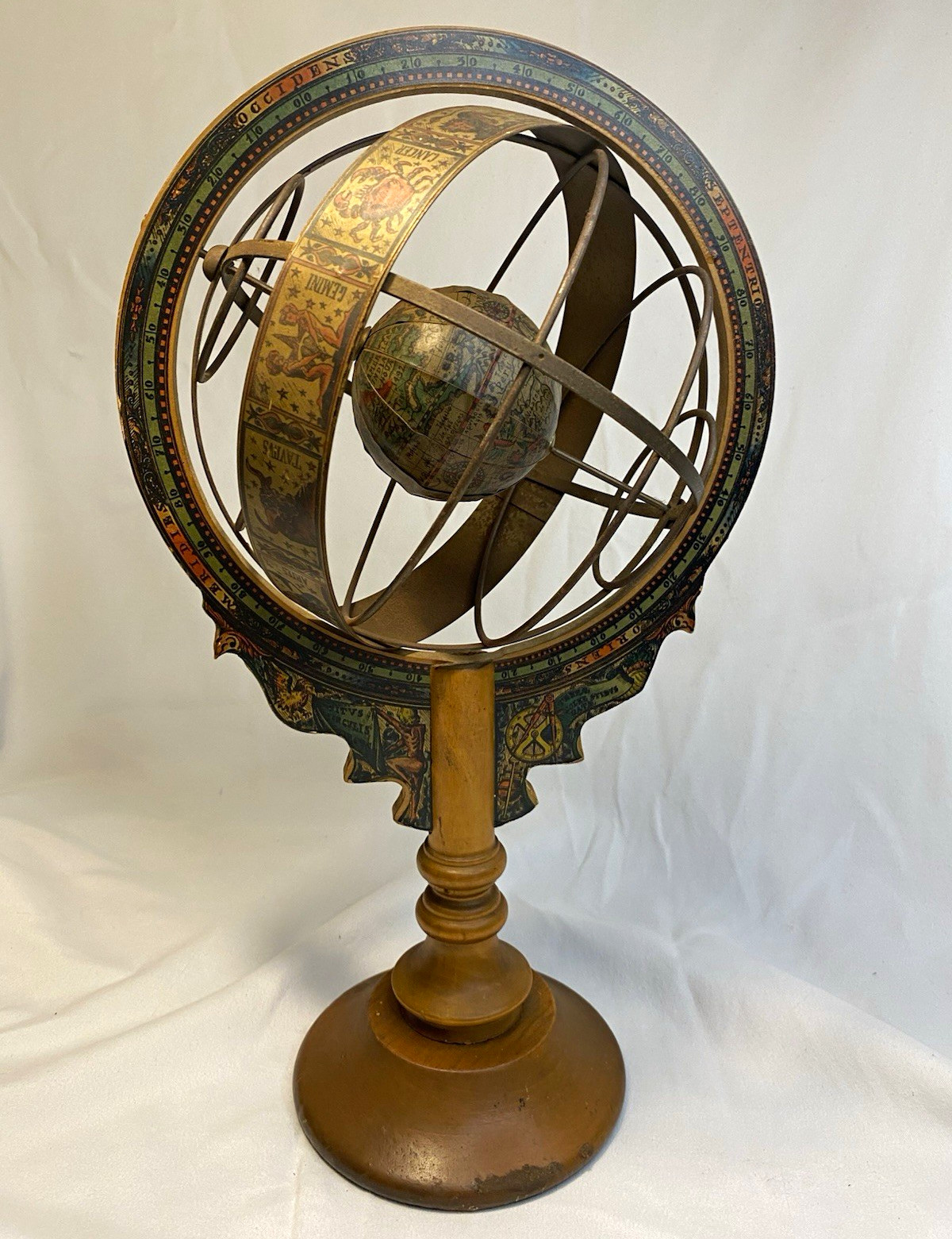 Armillary Sphere Globe w/ Wood Base Stand, Antique Style, Made in Italy