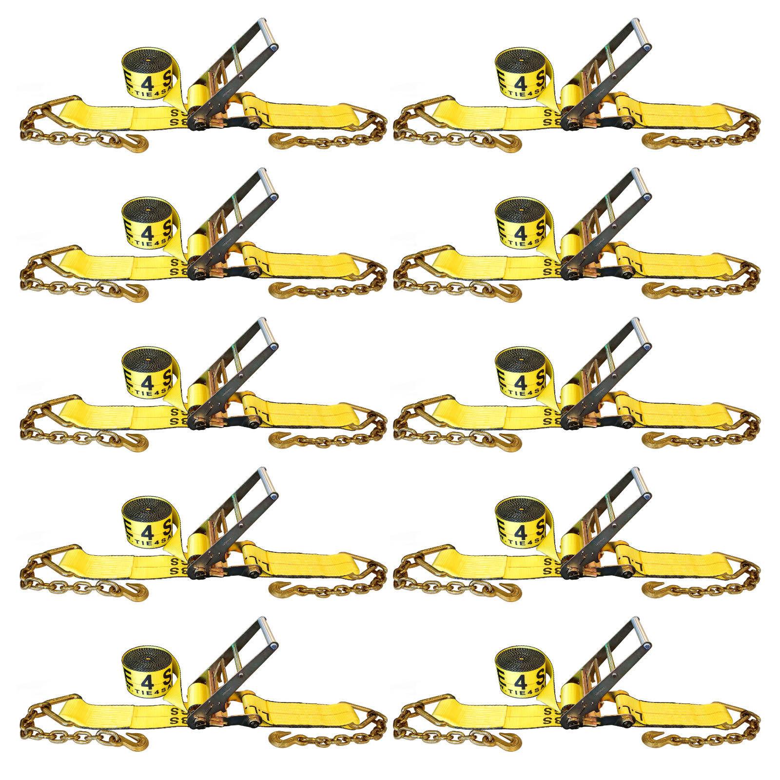 10 Pack USA 4"x30' Ratchet Strap W/Chain Extension Flatbed Truck Tie Down Yellow