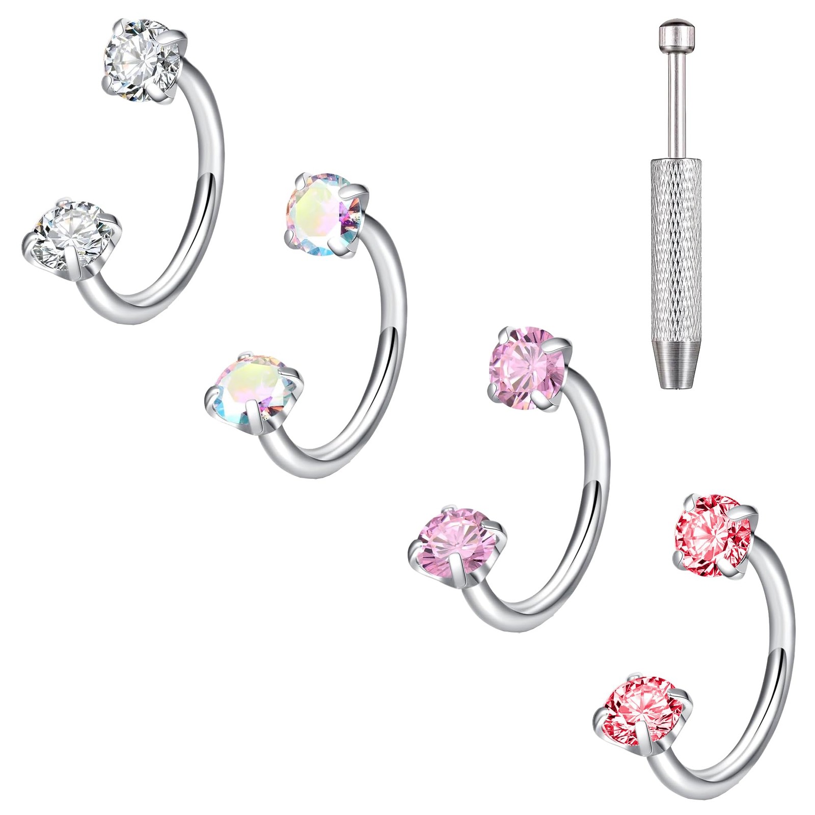 TFENY SJGF 16G 4 Pcs Horseshoe Nose Rings,316L Double Cubic one size, Silver