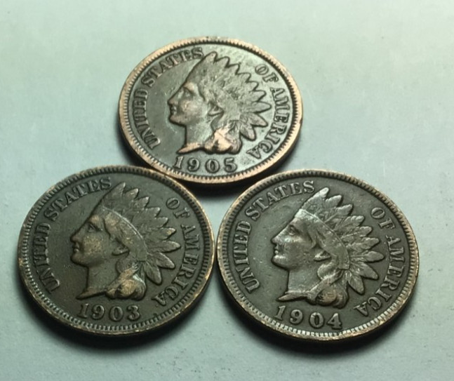 1903 - 1904 -  1905 1c Indian Head Cent Penny Set Lot , All 3 Coins , Circulated