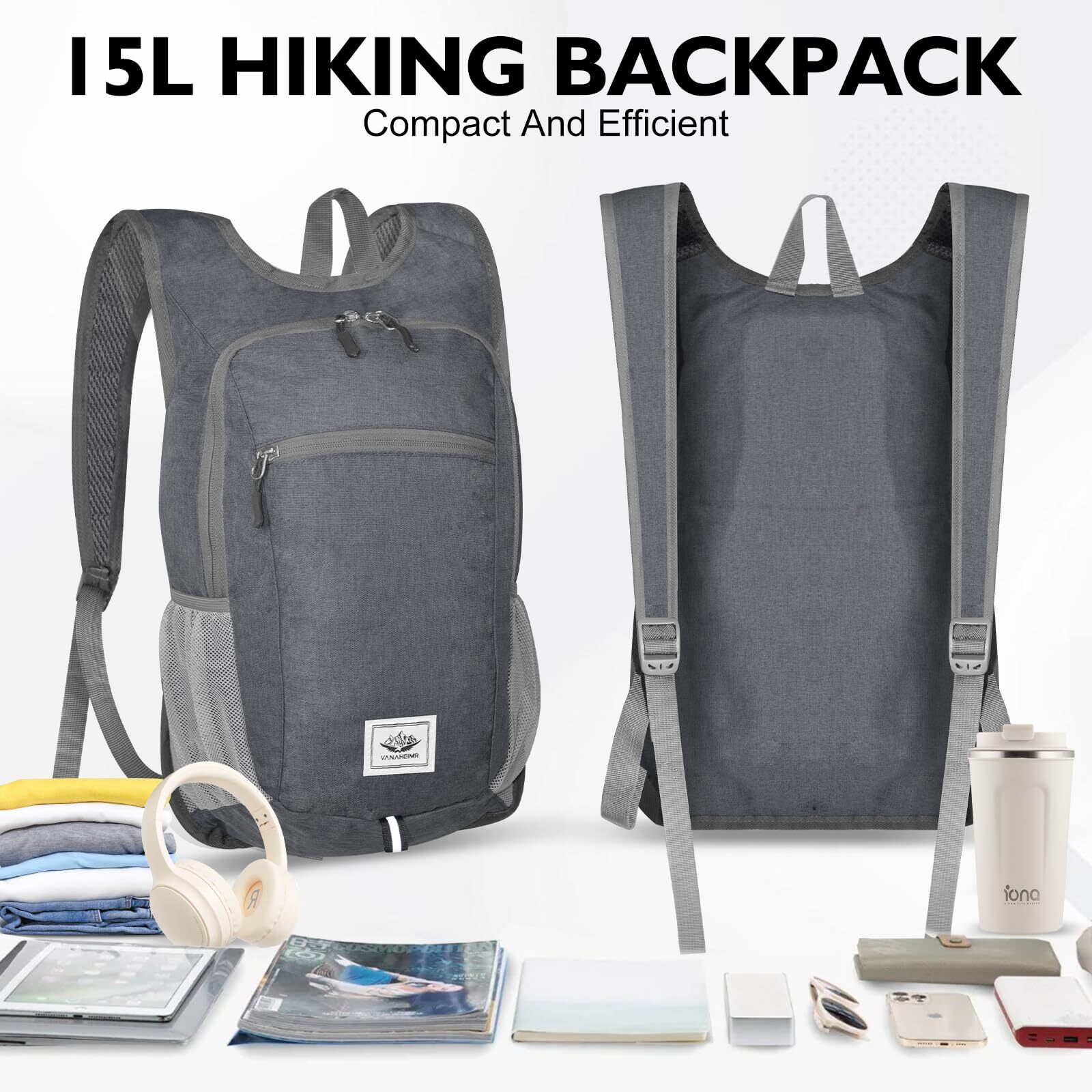 20L Black Lightweight Foldable Water Resistant Packable Small Hiking Backpack