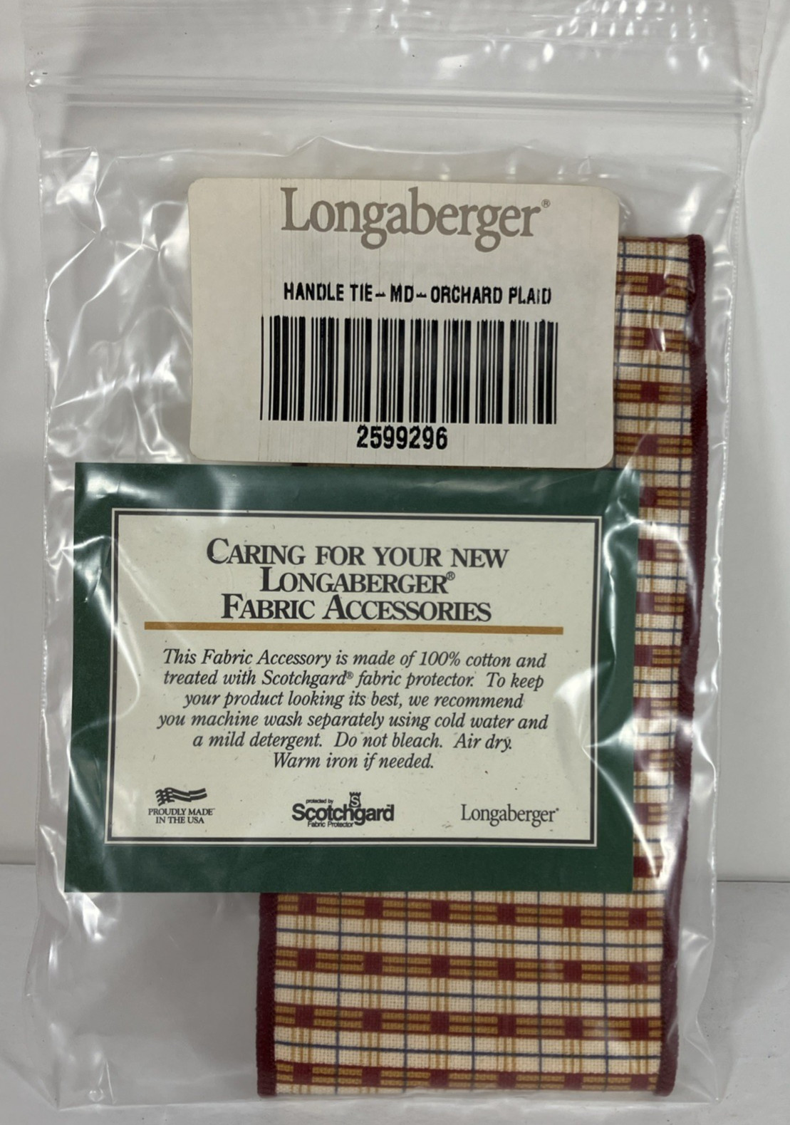 Longaberger Medium Handle Tie - Orchard Plaid Homestead Fabric - New in package