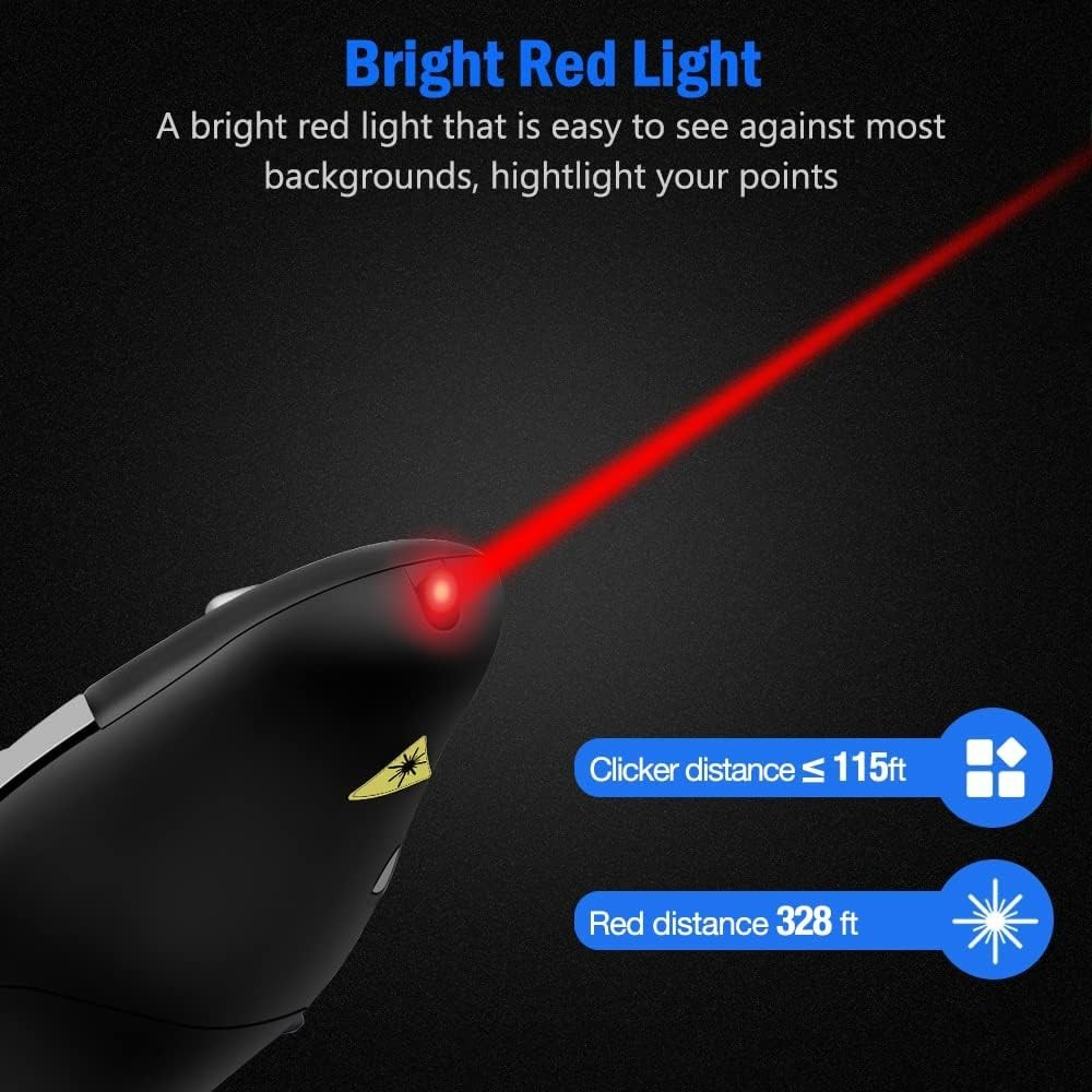 Bright Red Laser Wireless Presenter Remote - 49 Feet Range, USB Connectability