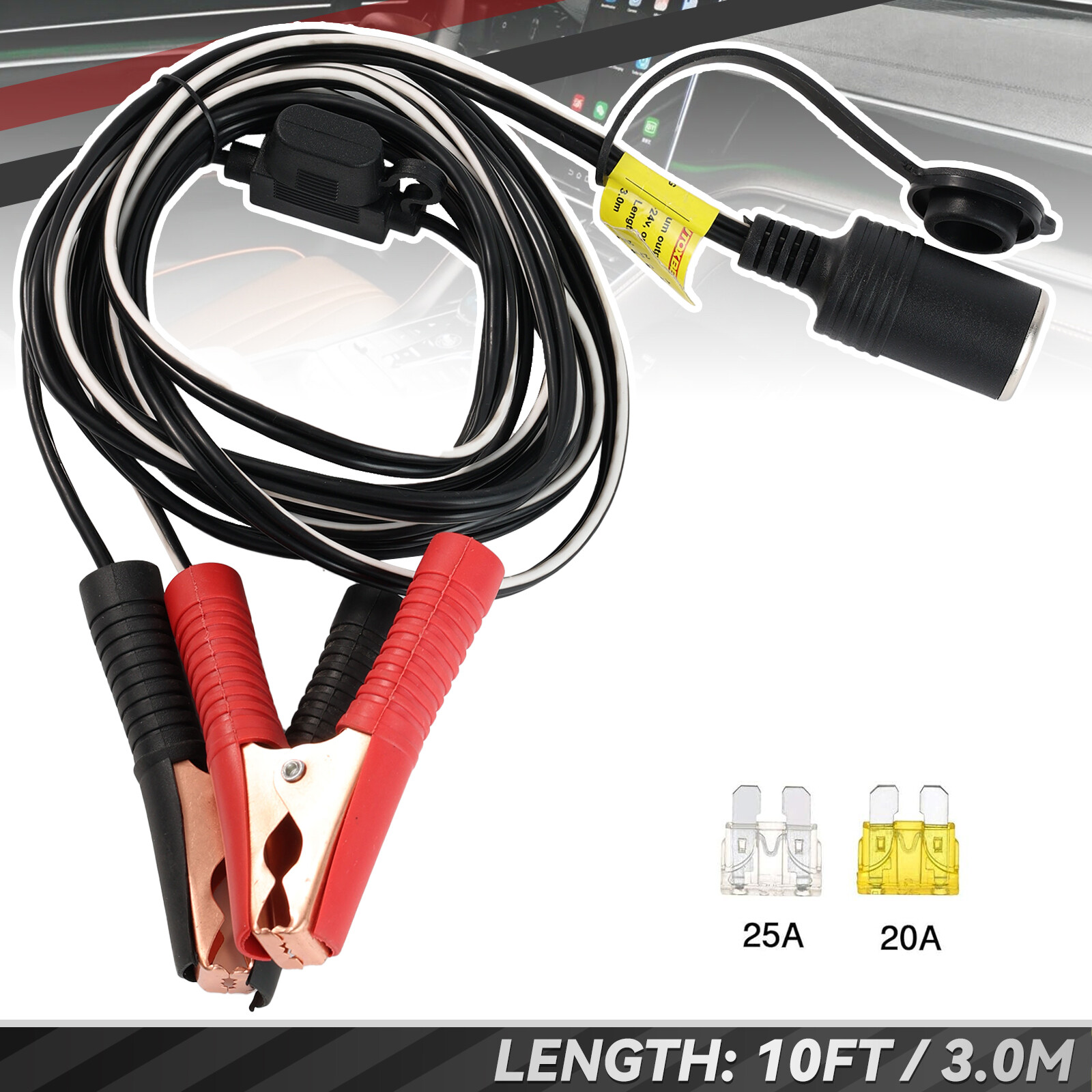 Car Cigarette Lighter Socket To Battery Alligator Clip Extension Cable 12V 10FT