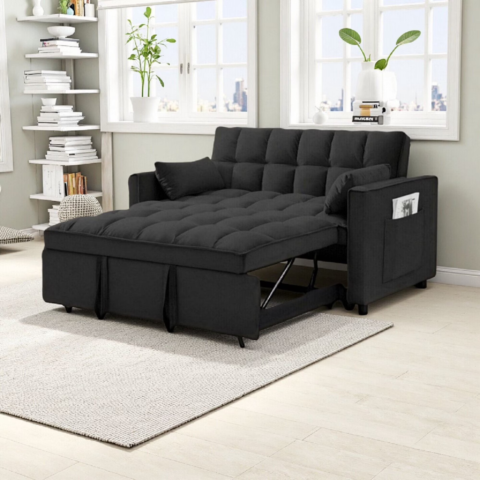 Sofa Cama Negro Con 2 Cojines Para Sala Moderno Pequeña Muebles Barato En Oferta