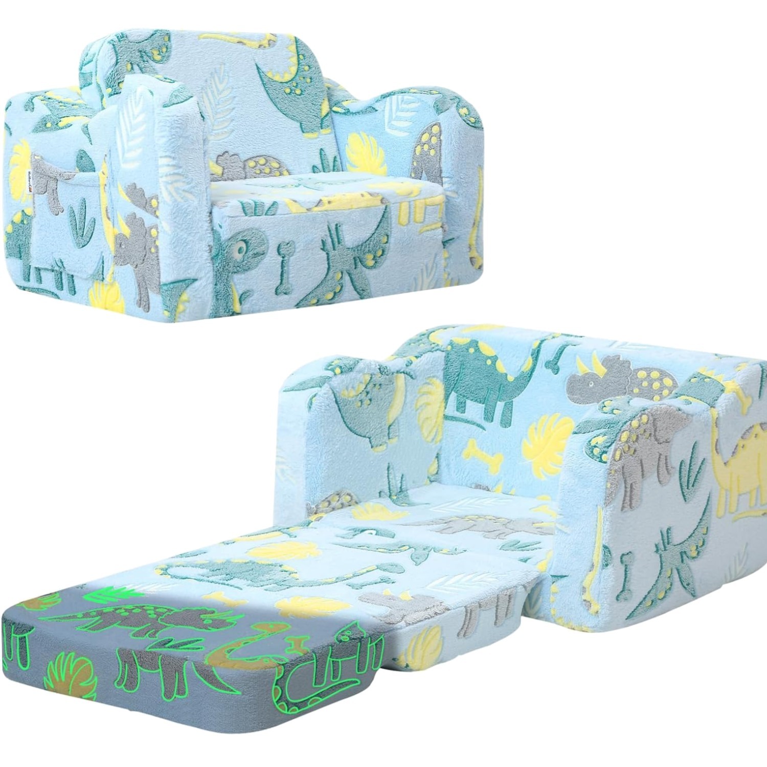 Glowing Dinosaur Kids Chair, 2-in-1 Convertible Kids Couch Fold Out to Lounge...