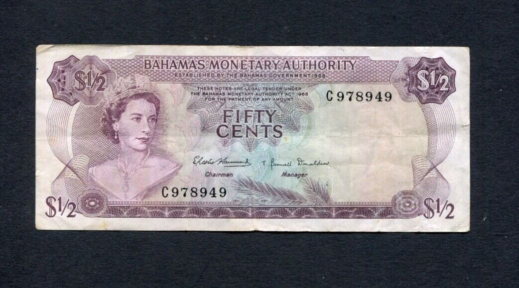 Bahamas 1968 Banknote 1/2 Dollar, Queen Elizabeth, Straw Market, 50 Cents,  P-26