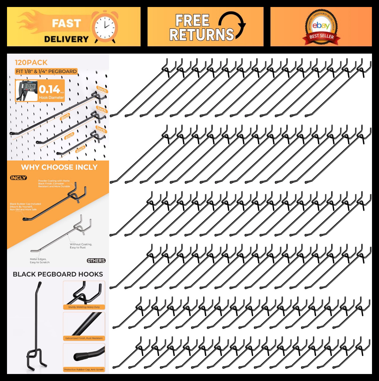 120 Pack Black Pegboard Hooks - 4/6/8 Inch Tool Hangers for Garage, Craft Room,