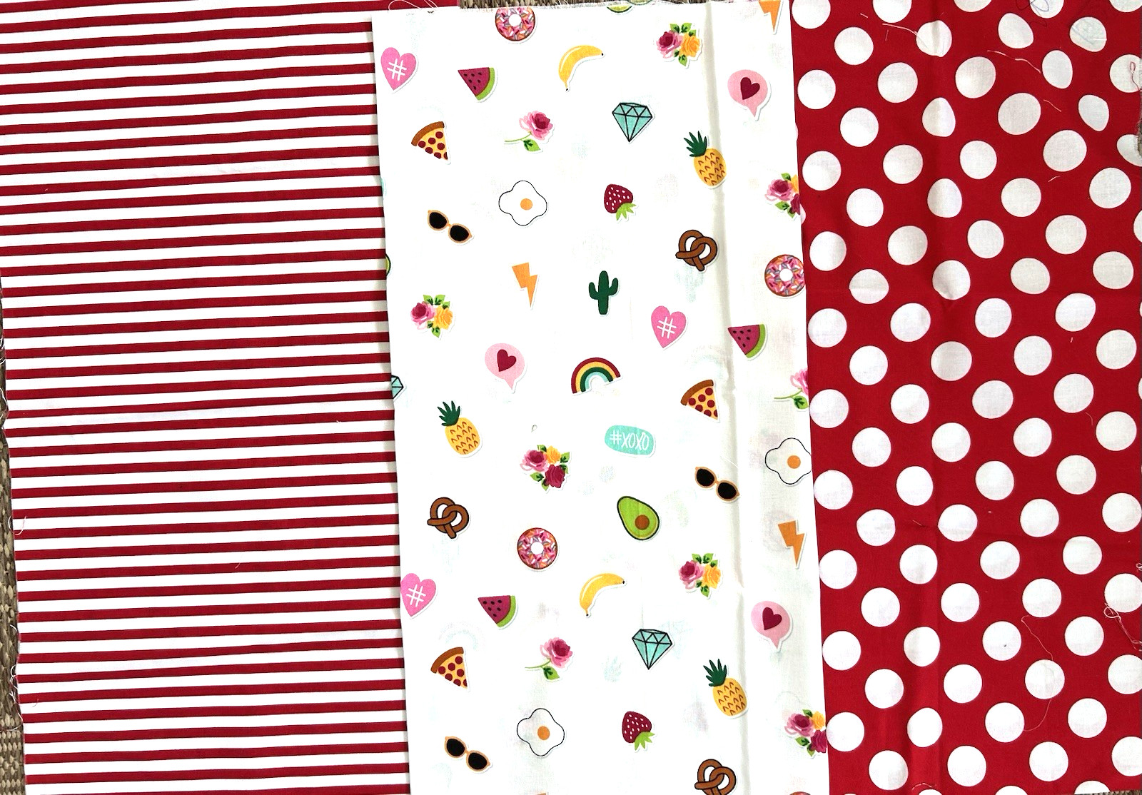 Lot Of 3 Pcs Quilt Fabric  Red White Stripe Polka Dot Cotton Rainbow Ea 18"x 10"
