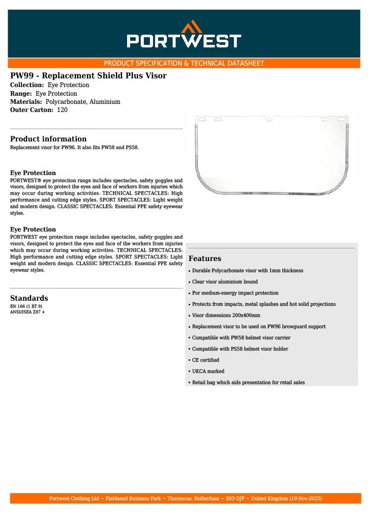 Portwest Replacement Shield Plus Visor Clear | PW99