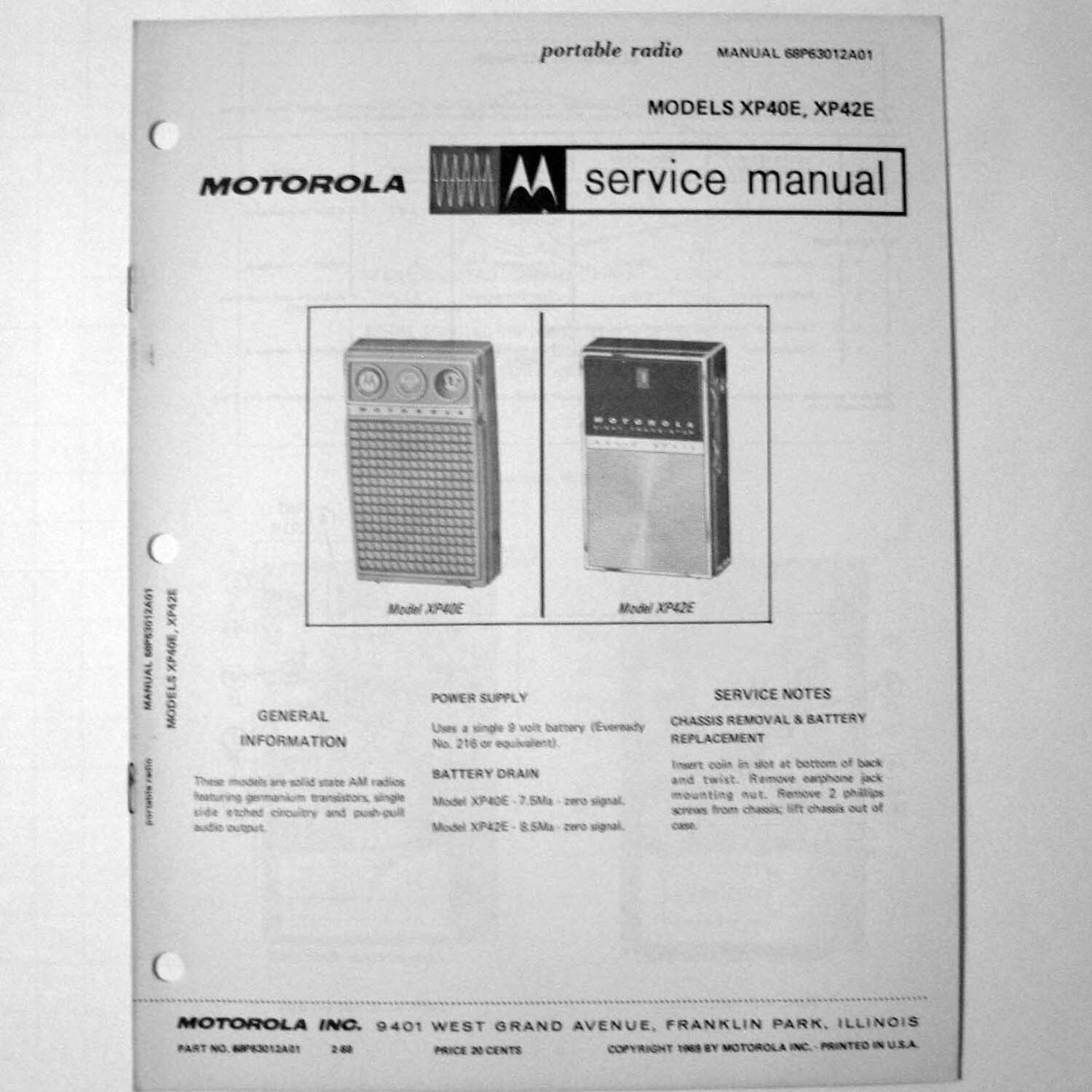 Motorola ® Models XP40E XP42E Portable Transistor Radio Service Manual © 1969