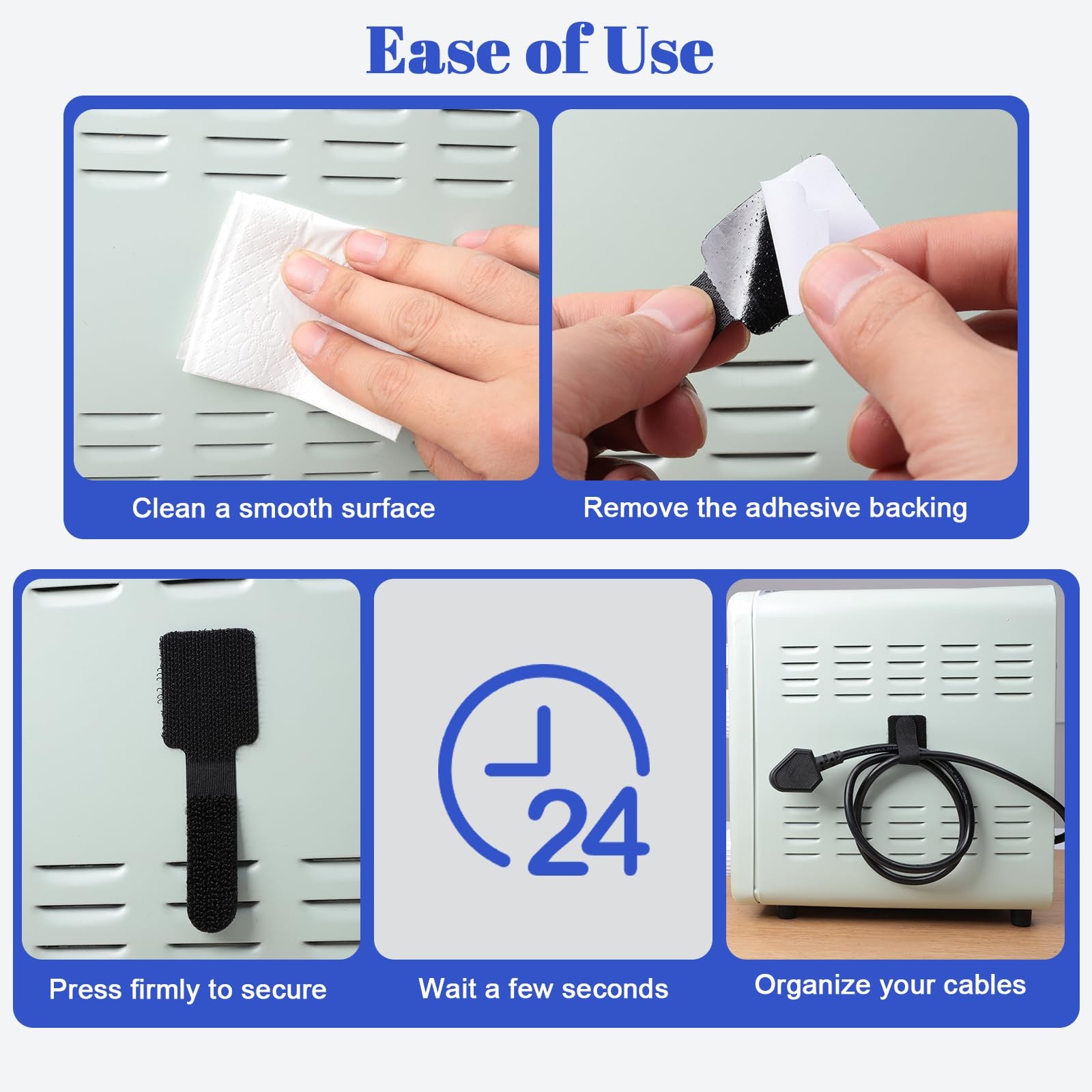100 PCS Hook Loop Cable Ties - Self-Adhesive Adjustable Cord Organizers, Black