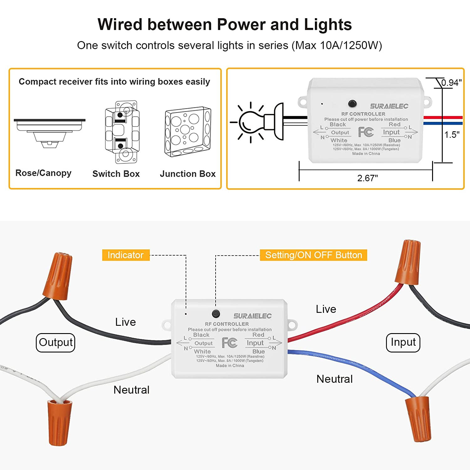 Wireless Remote Light Switch, No Wiring, No Wifi, 100Ft RF Range, Pre-Program...