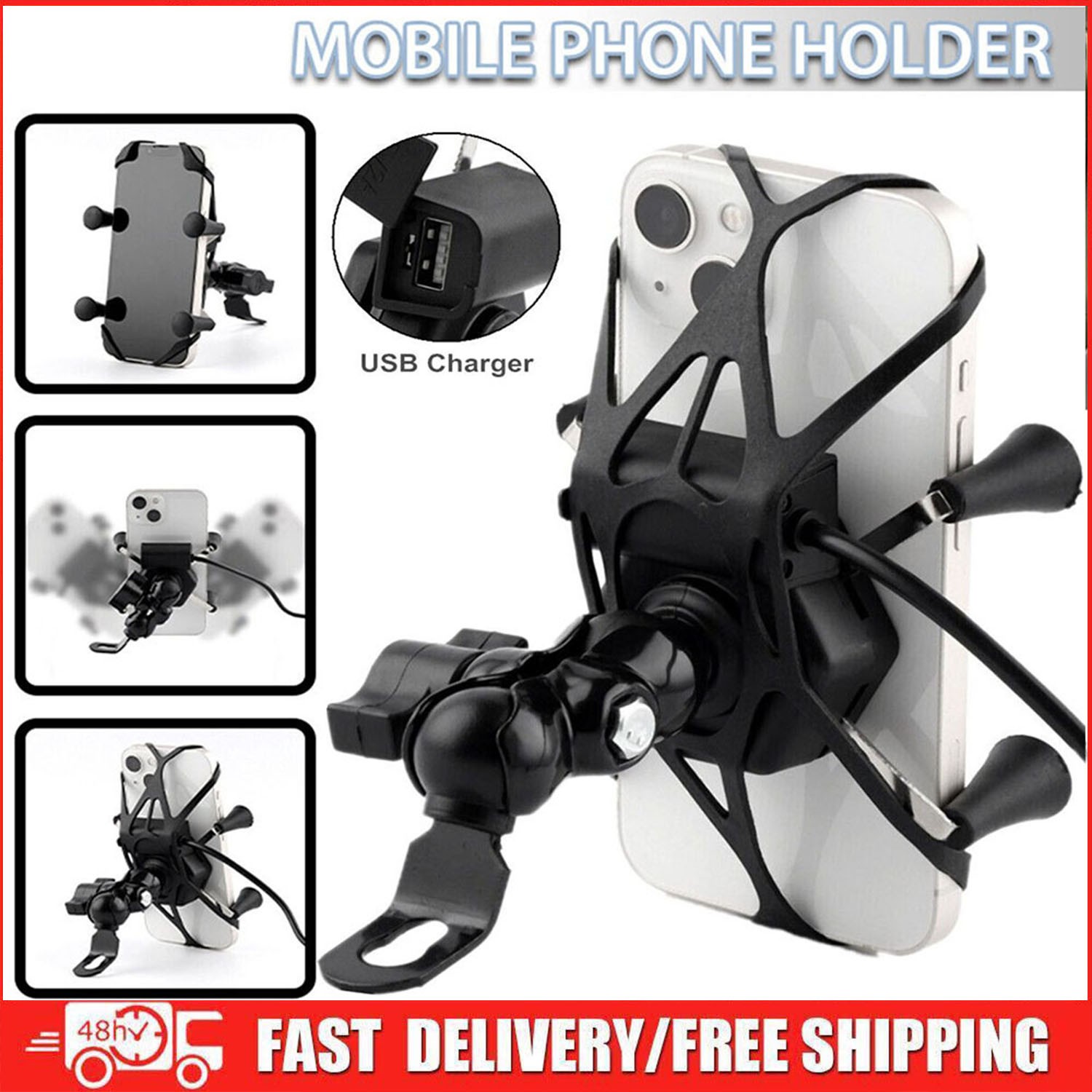 Fixed x RAM Motorcycle Bike Car Mount Cellphone Holder+USB Charger For Phone KIT