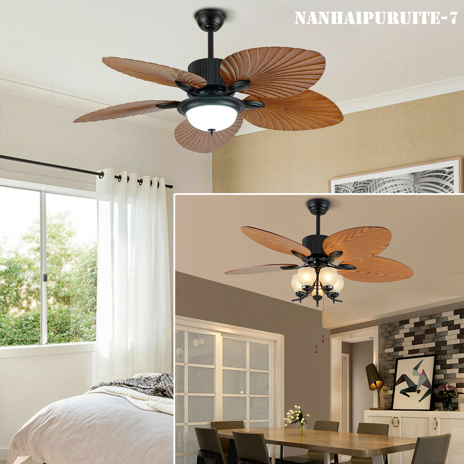 52" LED Ceiling Fan Light Tropical Chandelier Fan 5 Reversible Palm Leaf Blades