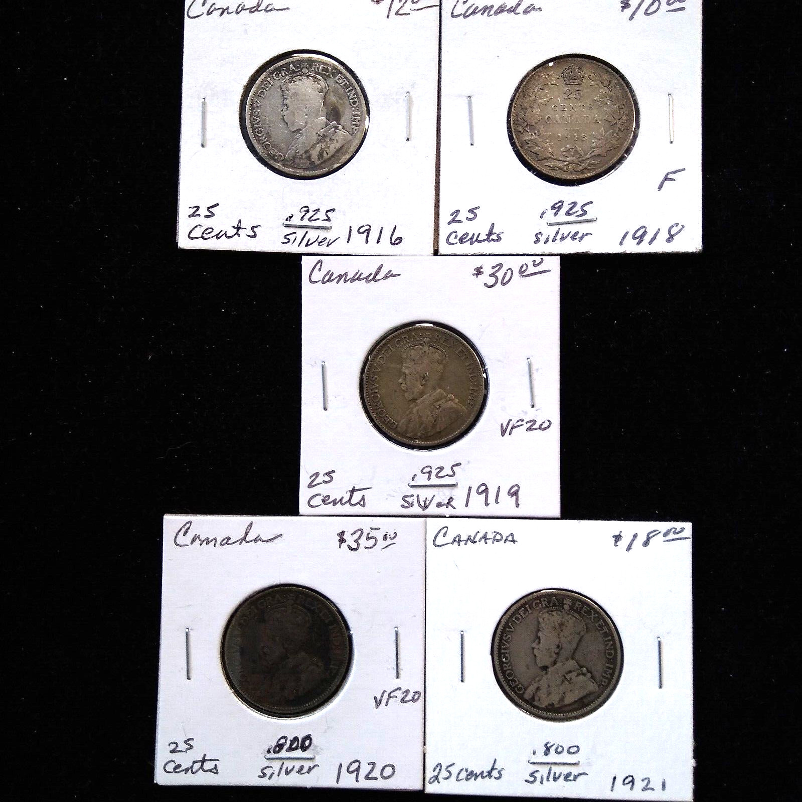 Lot of 5 Canada 25 Cent Silver Coins (1916-1921)