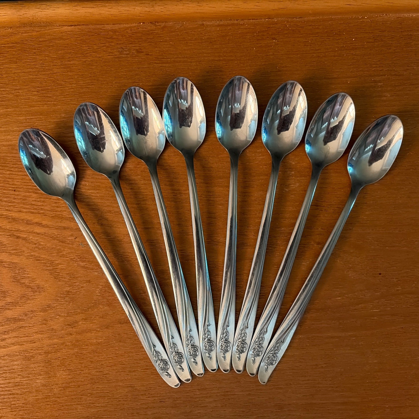 Oneida Roseanne Rose Floral Stainless Iced Tea Spoons Shiny Flatware Set Of 8
